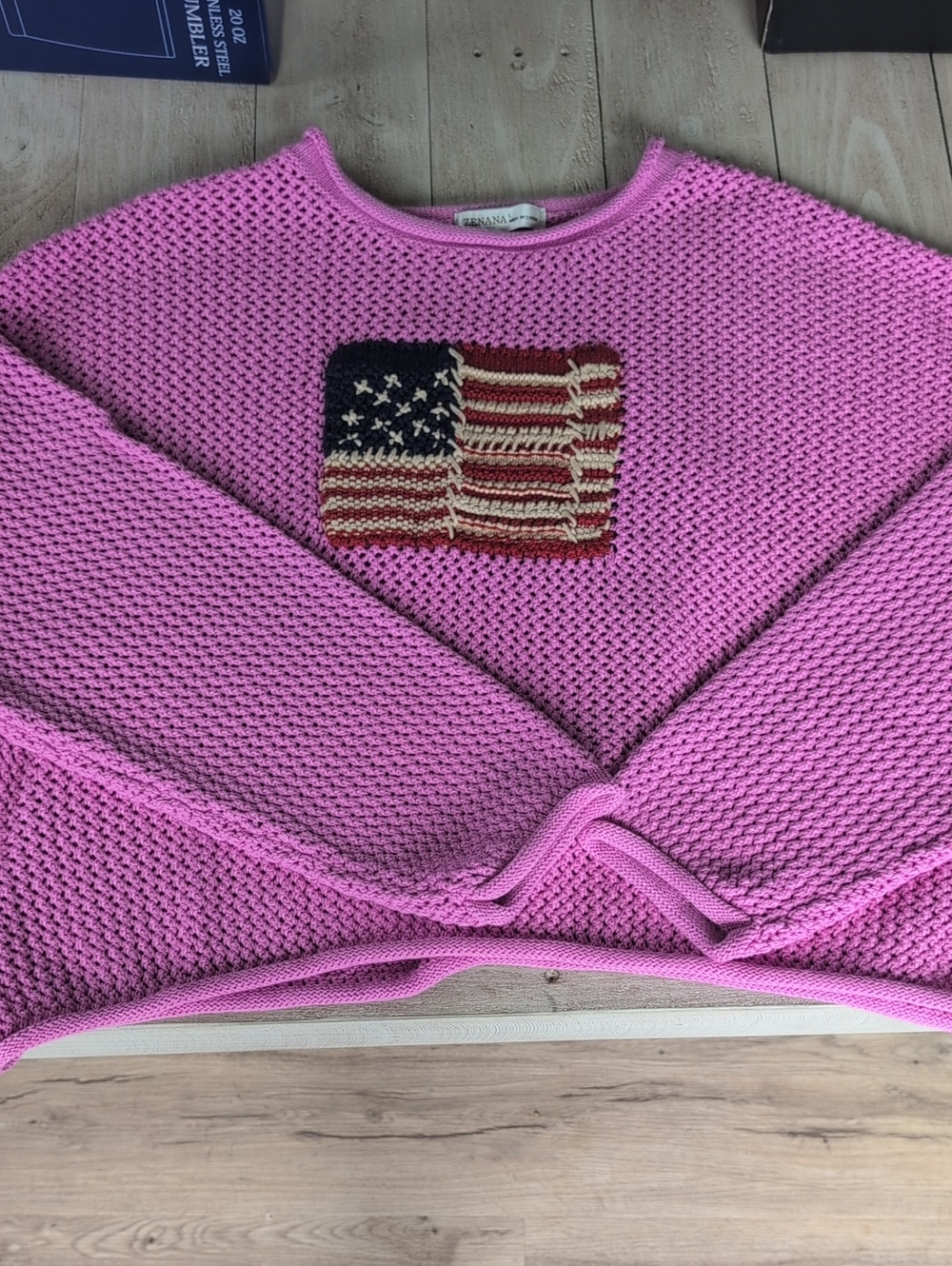 Zenana Outfitters Pink Open-Knit Crewneck Sweater with Flag Patch